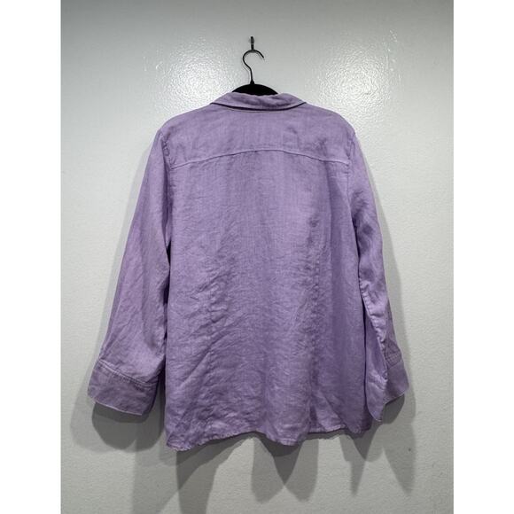 Foxcroft Linen Button Down Shirt Womens Lavender V-Neck Side Split Coastal READ - Picture 3 of 5